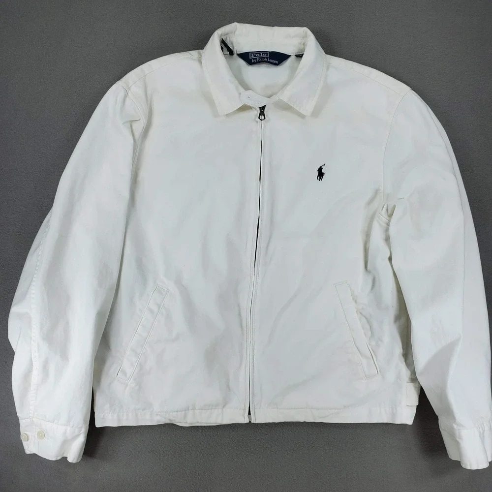 Polo Ralph Lauren Harrington Jacket Mens L White Cotton Full Zip Pony Vintage